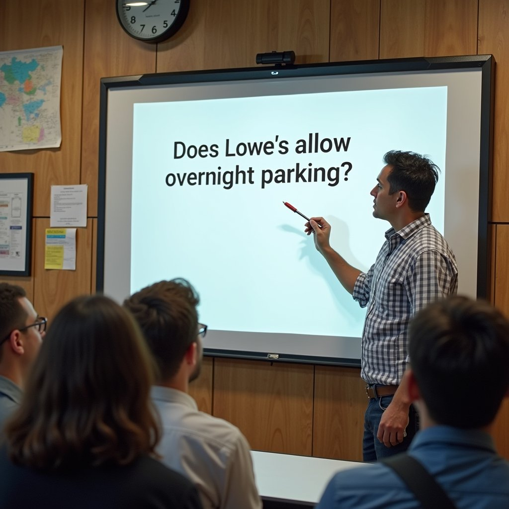 Image of a teacher in a classroom setting explaining to students with text overlay showing the question: "Does Lowe's allow overnight parking?"